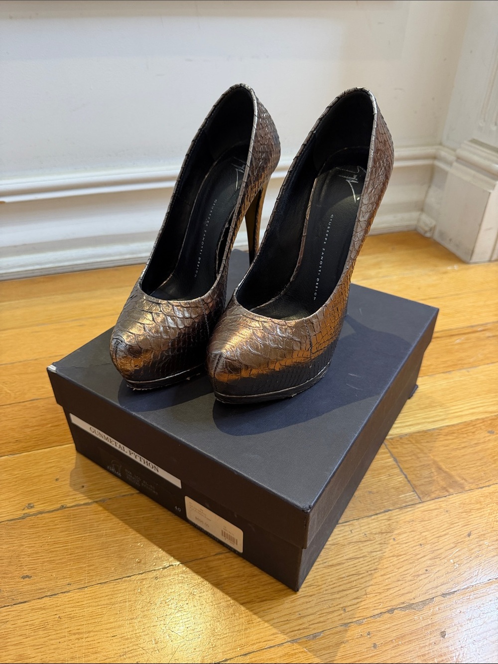 Giuseppe Zanotti Bronze Metallic Snake-Embossed Platform Pumps